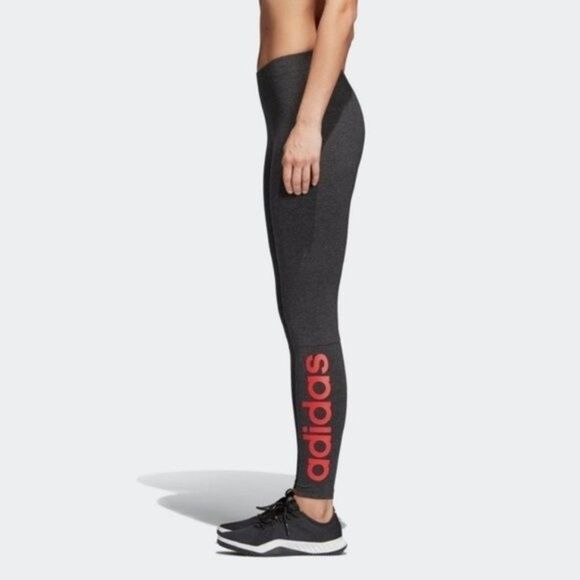 adidas Pants - Adidas Essentials Linear Grey  Leggings with Red Logo